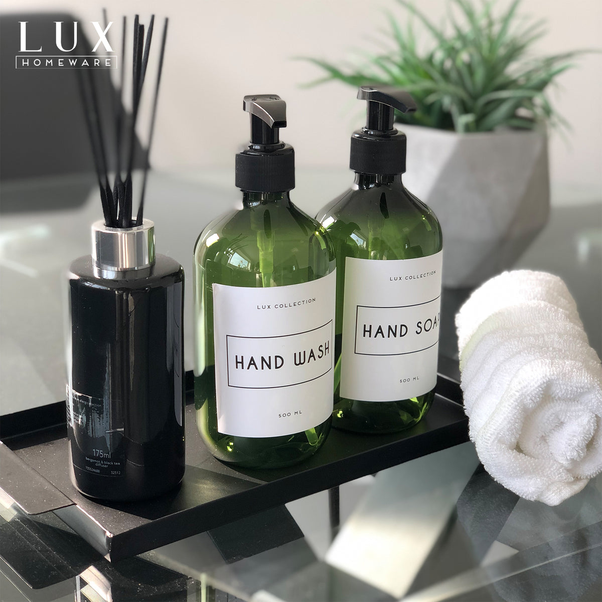 Green Plastic Bottle With Black Pump 500ml LuxHomewareUK