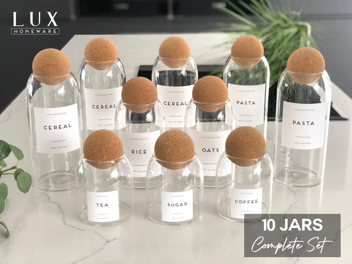 Cork Ball Glass Jar 10 Jar Essentials Set LuxHomewareUK